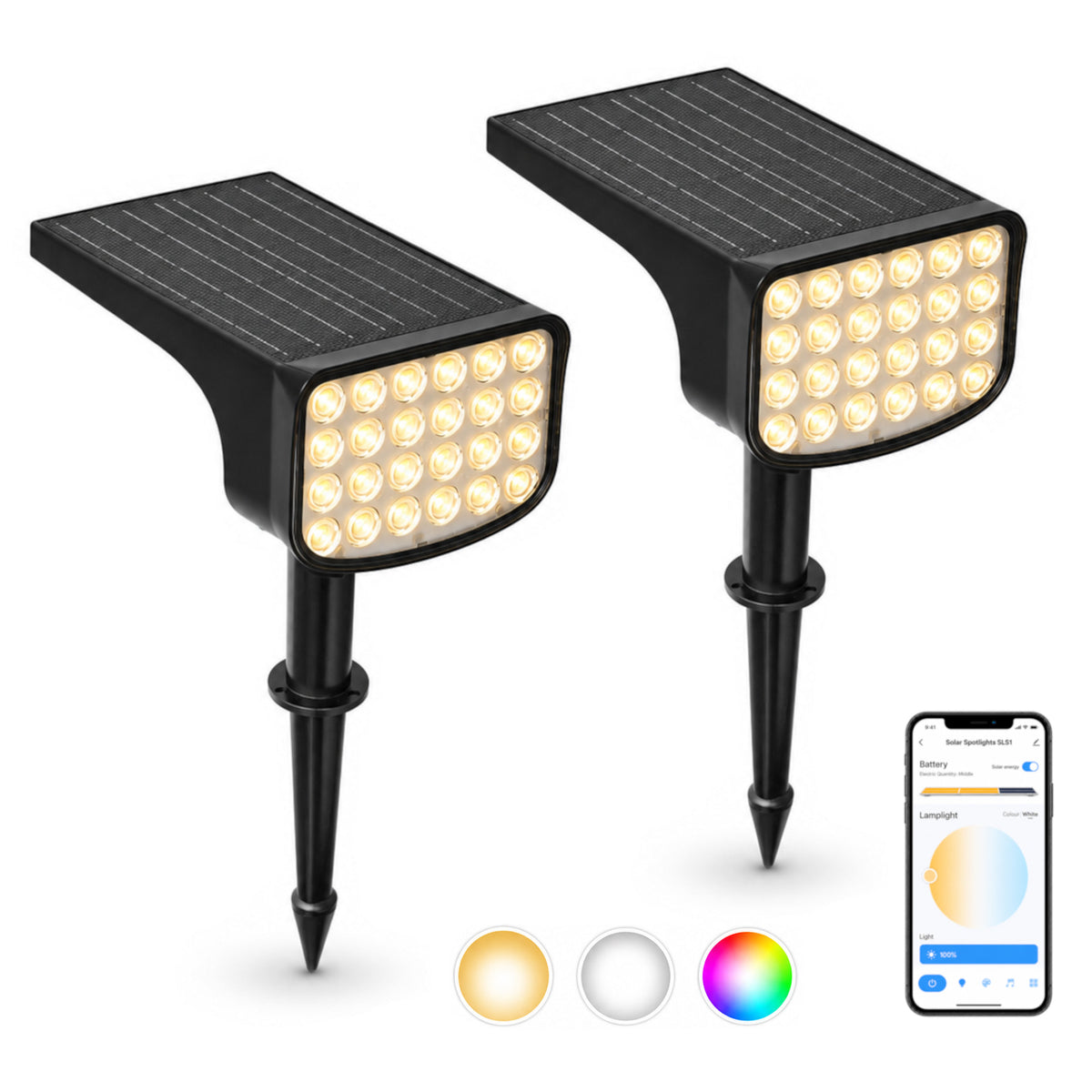 Solar Spot Lights Outdoor 2-Pack, RGB App-Controlled, IP67 Waterproof