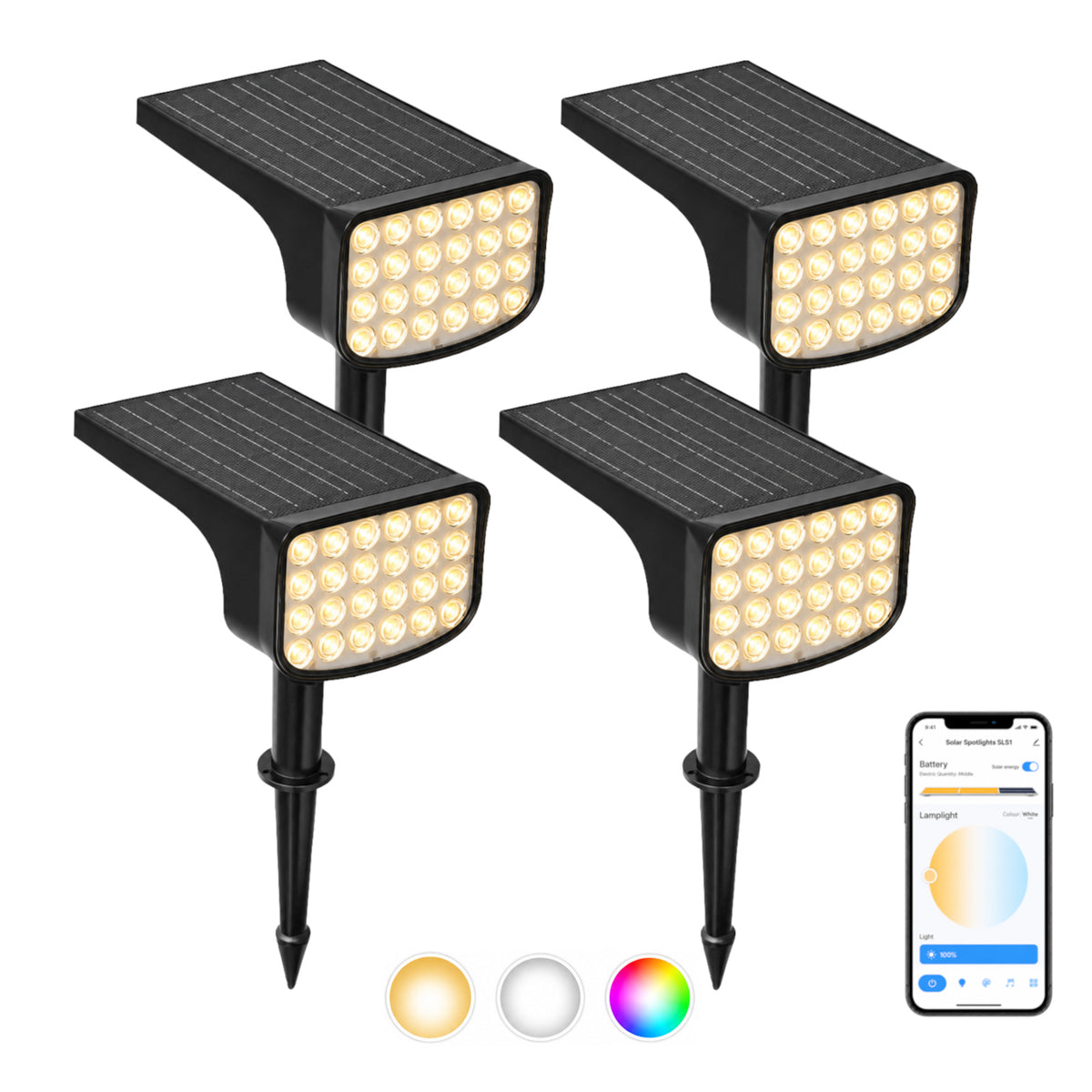 Solar Spot Lights Outdoor 4‑Pack, App‑Controlled Tunable White RGB, IP67 Waterproof Landscape Lights for Garden Yard | Eluntrix