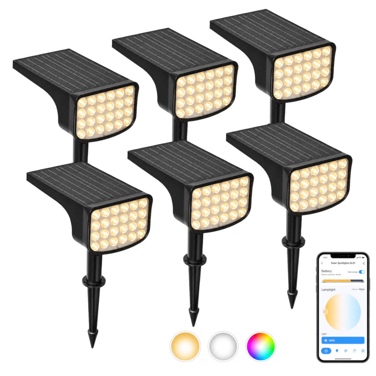 Solar Spot Lights Outdoor 6‑Pack, App‑Controlled Tunable White RGB, IP67 Waterproof Landscape Lights for Garden Yard | Eluntrix