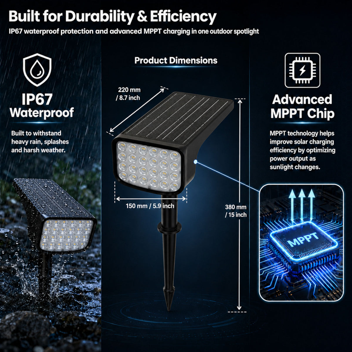 Solar Spot Lights Outdoor 2-Pack, RGB App-Controlled, IP67 Waterproof